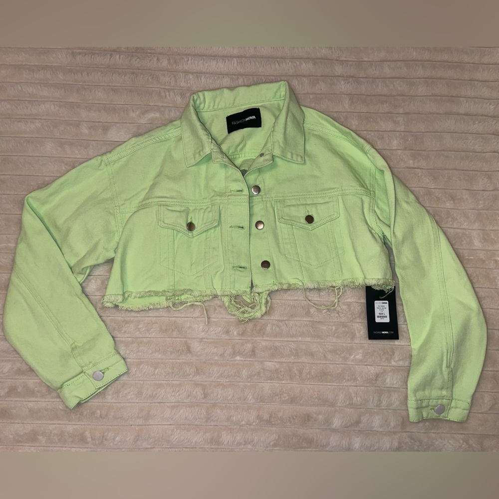 Fashion Nova Lime Green Cropped distressed Jean Jacket